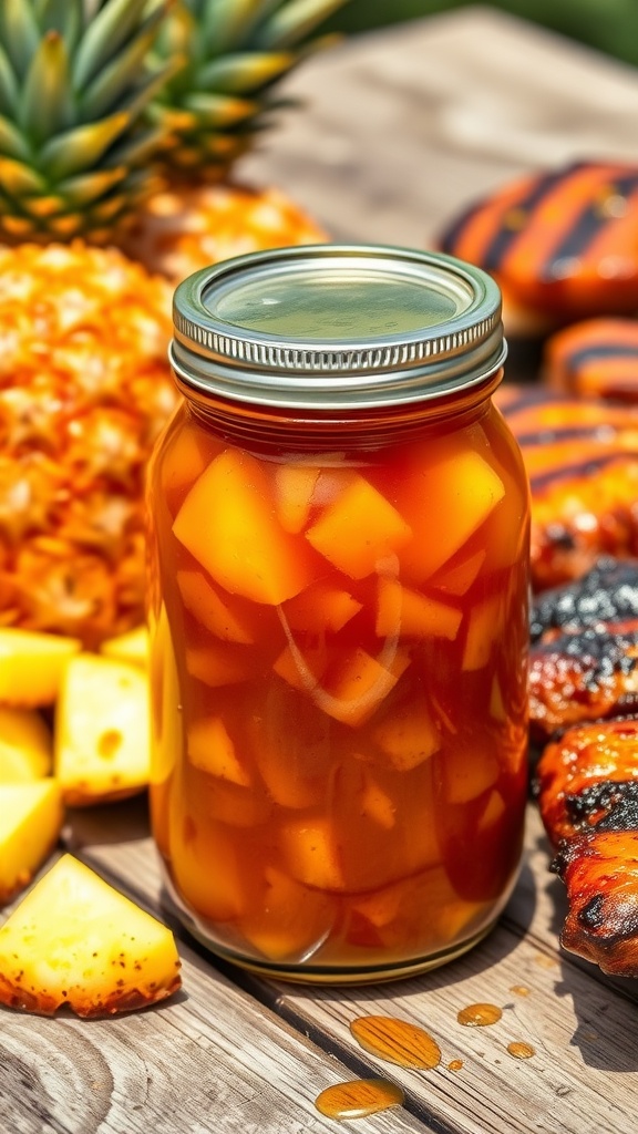 Jar of Tangy Pineapple Barbecue Sauce surrounded by grilled meats and fresh pineapples.